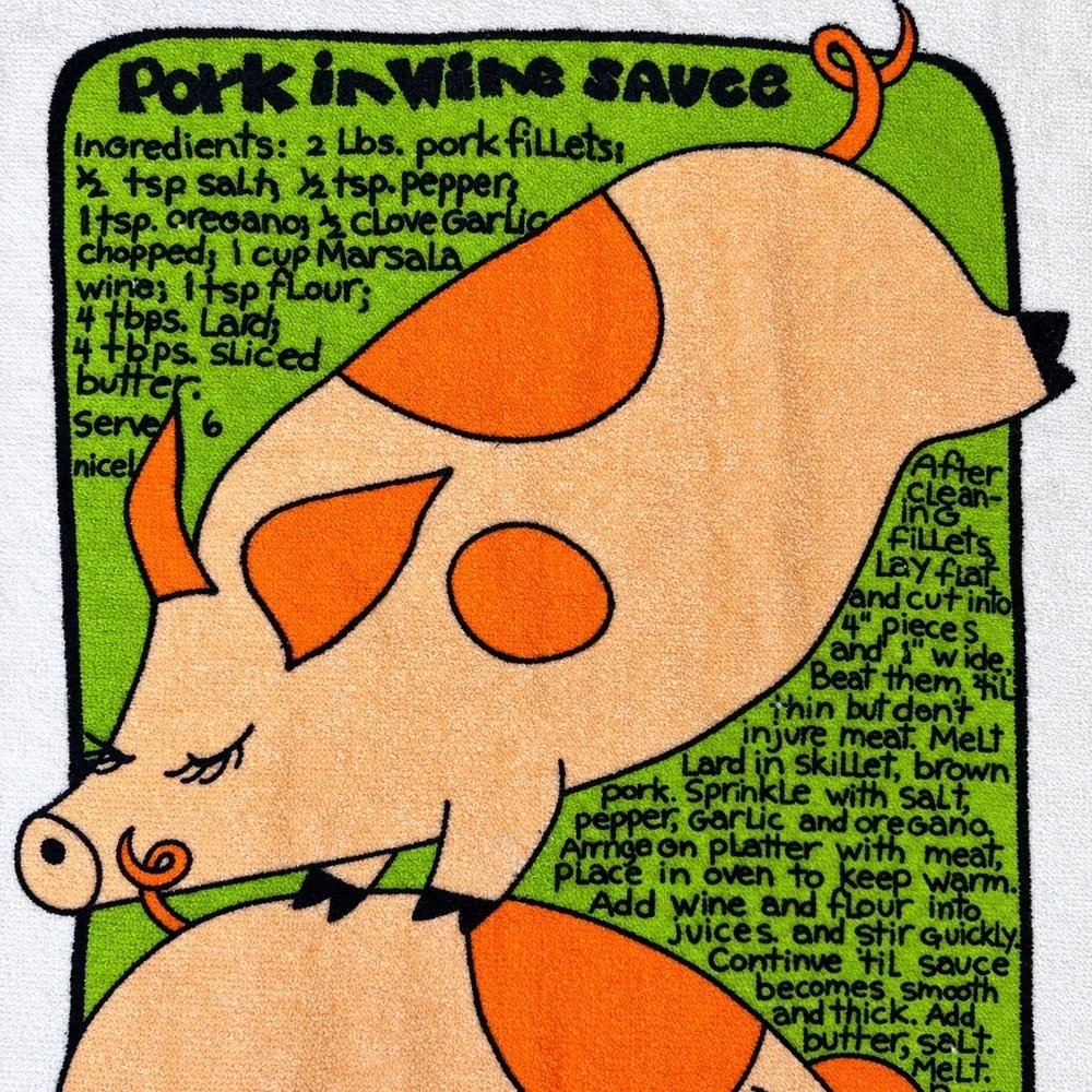 Vtg USA Made Pig Recipe Kitchen Towel Pork in Wine Sauce Fringed Retro Kitsch